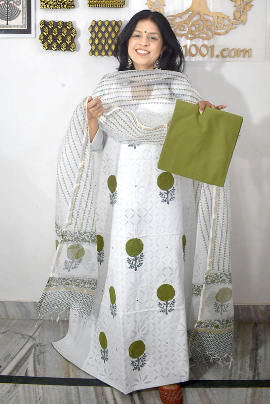 Beautiful Hand Block Printed Cotton Unstitched Suit Fabric with Applique & Kota  dupatta With Cotton bottom
