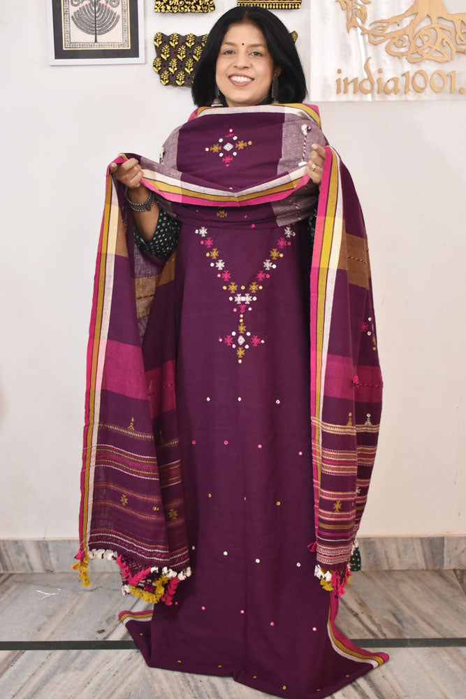 Premium Handwoven Kala Cotton Bhujodi suits with Mirror and Miri work - 3 pc set
