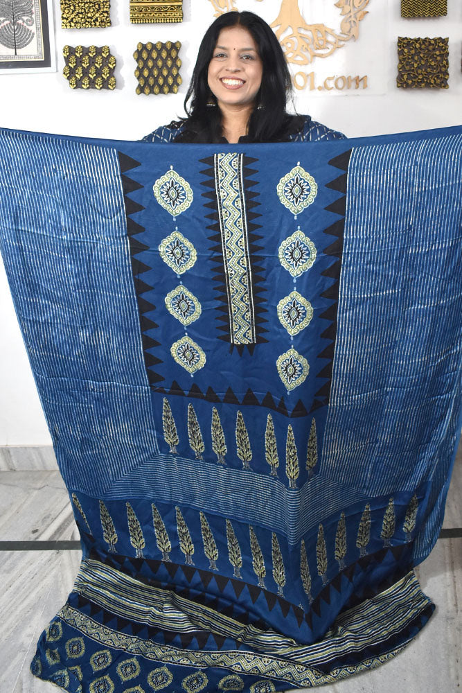 Designer Modal Silk Ajrakh Hand Block Print  Kurta Fabric - 3 mtrs cut