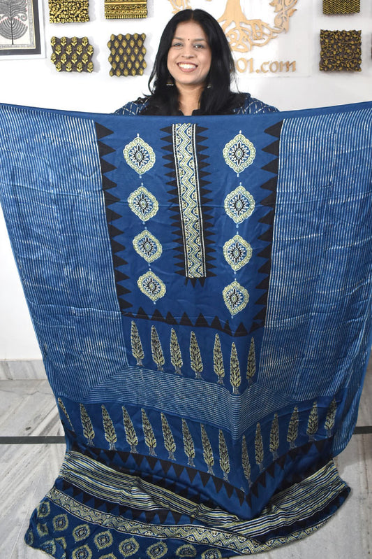 Designer Modal Silk Ajrakh Hand Block Print  Kurta Fabric - 3 mtrs cut
