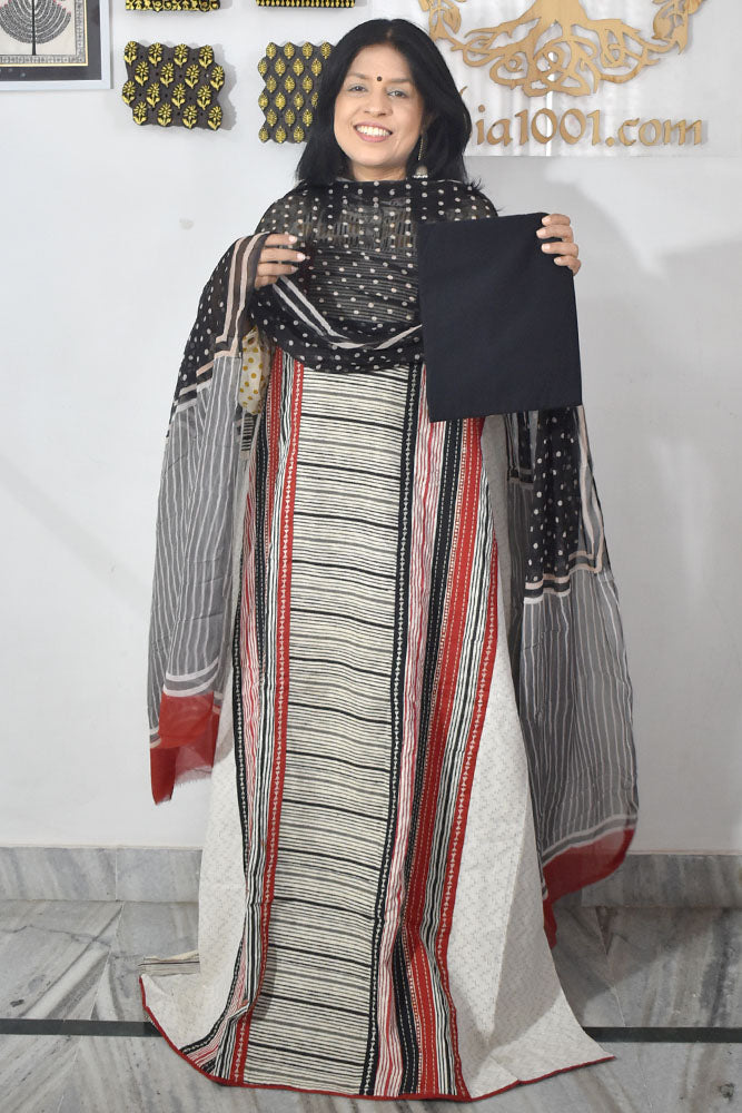 Elegant Handwoven Cotton Unstitched Suit with Ajrakh patch ,Intricate Hand Embroidery & block print chiffon dupatta