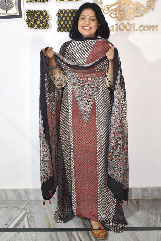 Designer Ajrakh Modal Silk kurta with  panel design & Mirror work & modal silk dupatta - 2 piece set
