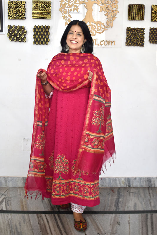 Elegant Hand Block print cotton suit with Schiffli work & Chanderi dupatta