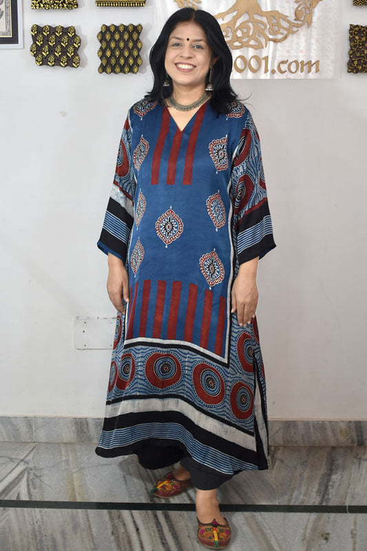 Beautiful Hand Block Printed Ajrakh Modal Silk Kurta, Size 40 to 46