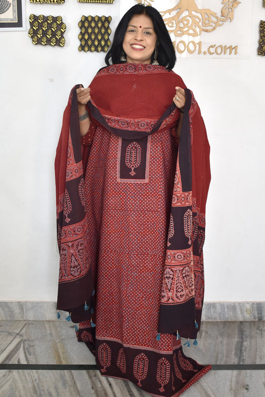 Designer Ajrakh Cotton Unstitched suit with  panel design, Ajrakh Dupatta & Bottom- 3 piece set