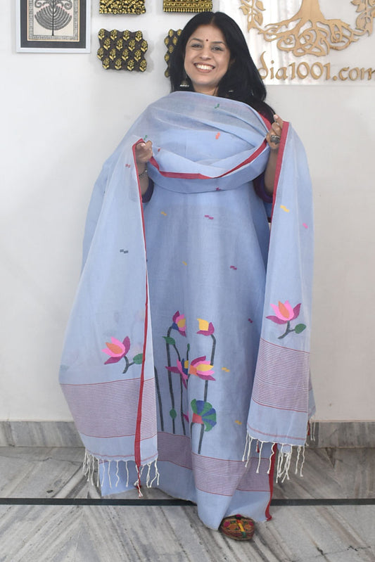 Kalakriti : Beautiful Hand Woven Soft Cotton Needle Jamdani Kurta Fabric & Dupatta set