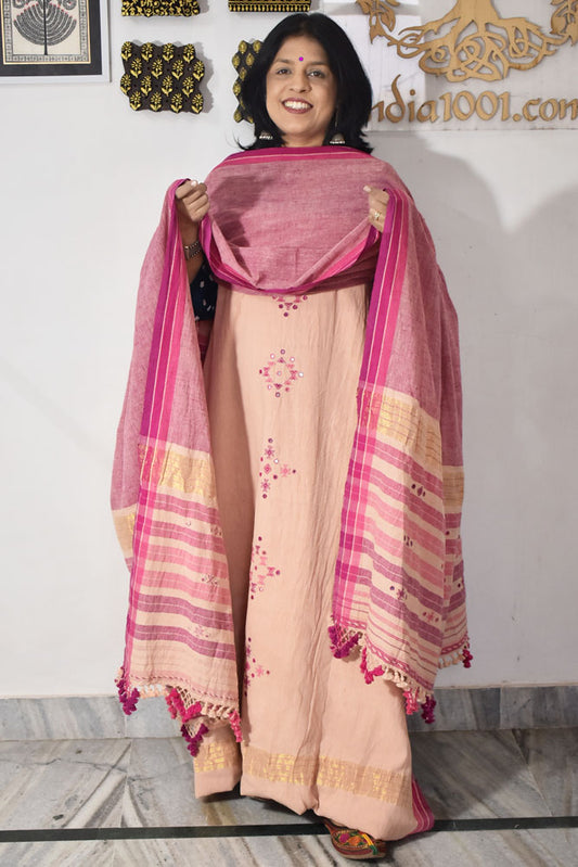 Premium Handwoven Kala Cotton Bhujodi suits with Mirror and Miri work - 3 pc set