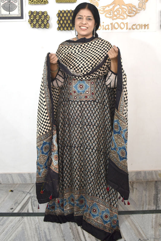 Designer Ajrakh Modal Silk Unstitched suit with  Mirror Work, Ajrakh Dupatta & Bottom- 3 piece set