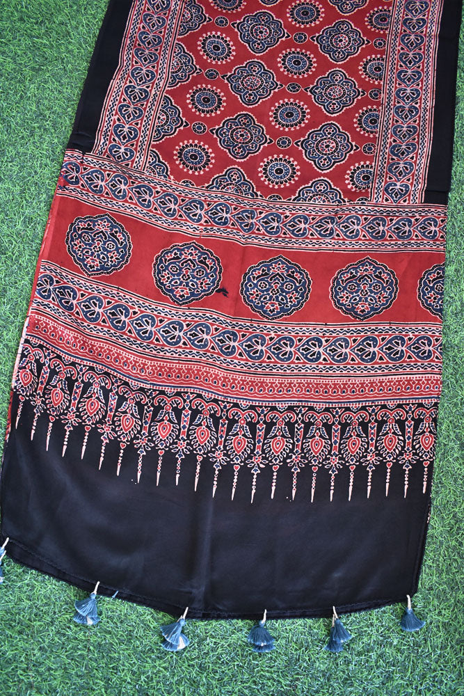 Beautiful Hand Block Printed Ajrakh Modal Silk stole with Tassels