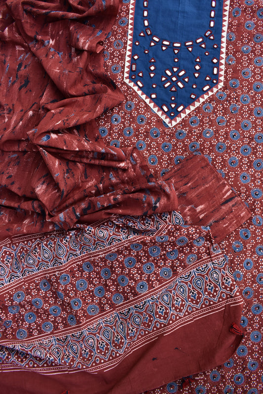 Hand Block Print Ajrakh Cotton Suit with designer brush paint &  Kutch Mirror work