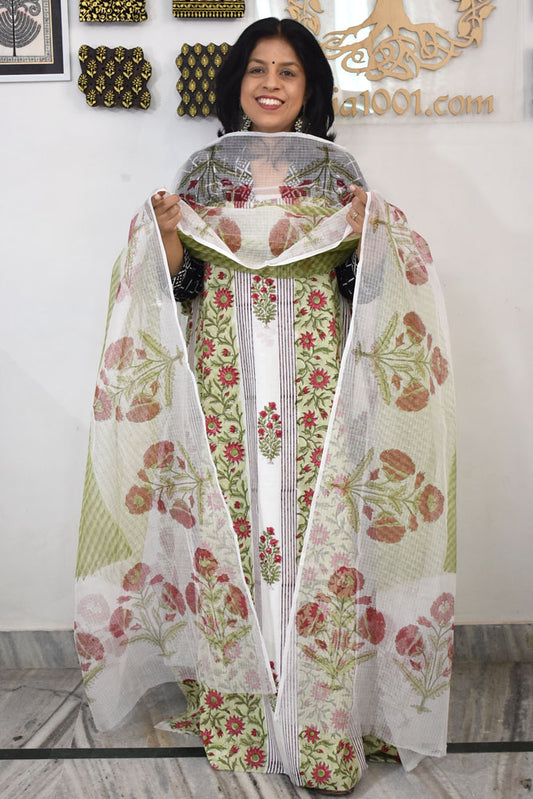 Designer Hand Block Print Cotton suit with Kota dupatta