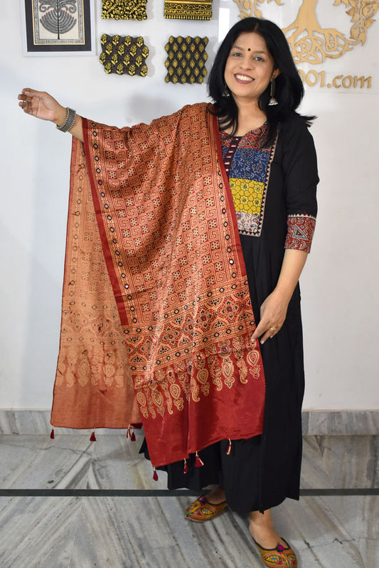Beautiful Hand Block Printed Ajrakh Mashru Silk stole