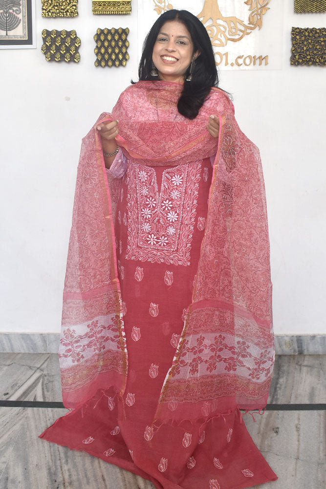 Elegant Lucknowi Chikankari Hand Embroidery work  & Block print Dupatta - 2 pc set