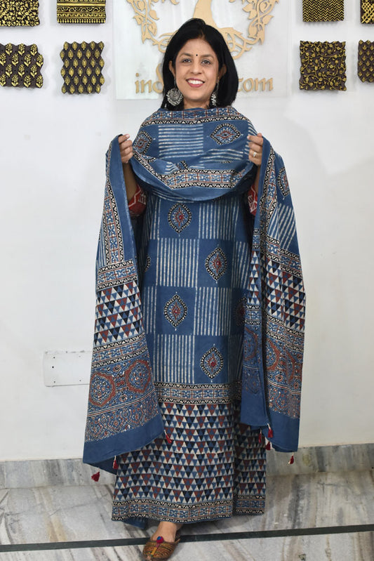 Designer Ajrakh Cotton kurta with  panel design & Mirror work & Cotton dupatta - 3 piece set