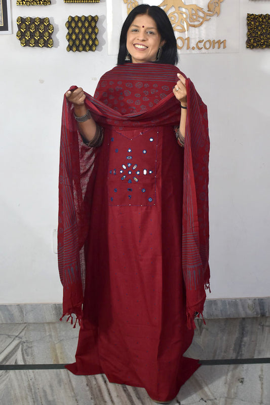 Elegant Hand Block print cotton suit with Mirror Work & Cotton dupatta