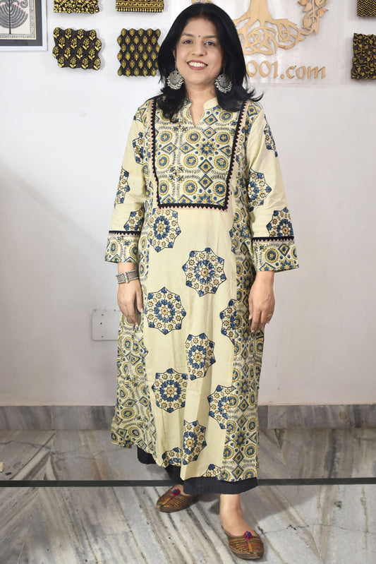 Designer Hand Block Printed Ajrakh cotton Kurta / Dress - Size 38 to 48 ( all sizes)