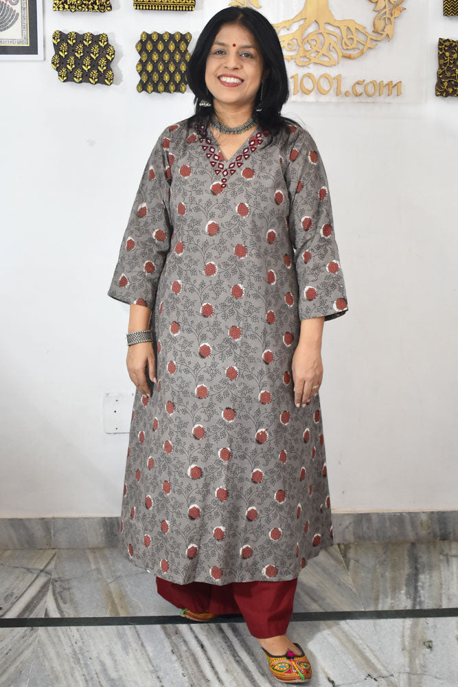 Beautiful Hand Block Printed Vanaspati Ajrakh Cotton kurta with Kutch Mirror work , Size 40 to 46