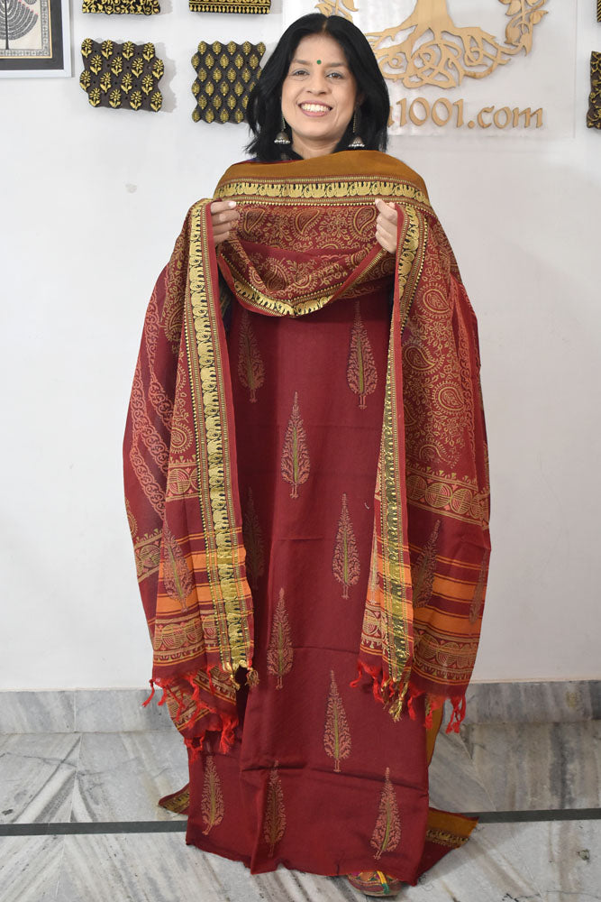 Beautiful Handwoven Chettinad & Narayanpet Cotton suit with Hand block print Dupatta
