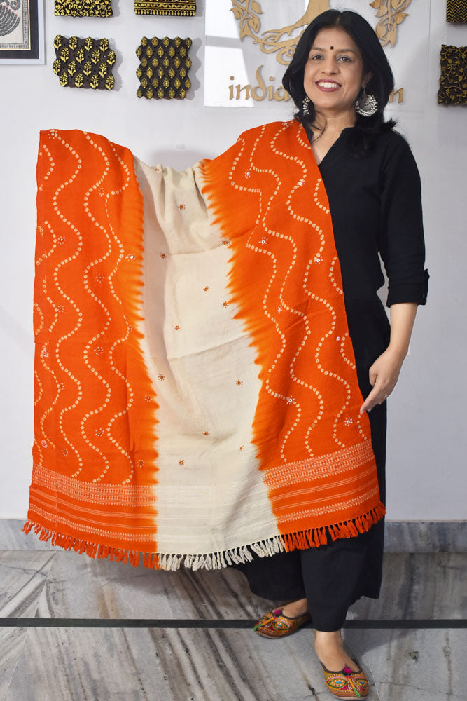 Kutch Handwoven Mirror Work Bandhani Pure Wool Shawl