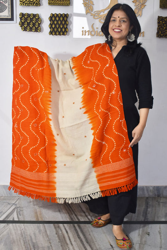 Kutch Handwoven Mirror Work Bandhani Pure Wool Shawl