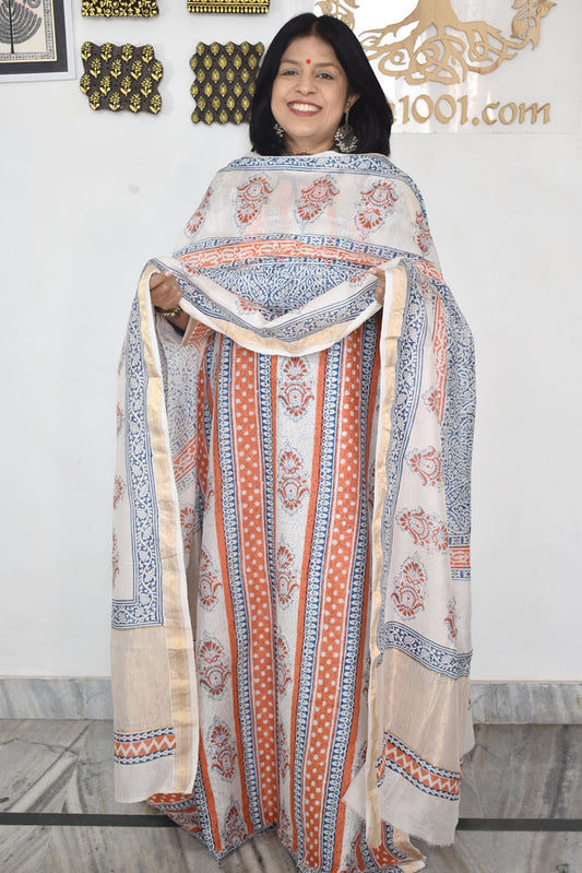 Bagh Hand Block Printed unstitched 3 pcs Handwoven Maheshwari suit fabric with Zari borders