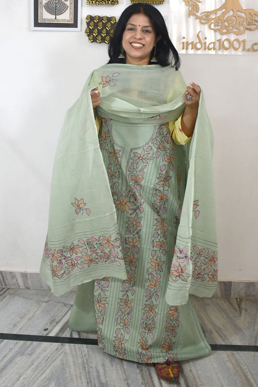 Elegant Kantha Work Cotton unstitched suit fabric with embroidery