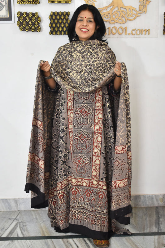 Beautiful Vanaspati Ajrakh Hand Block Printed Modal Silk set with bottom