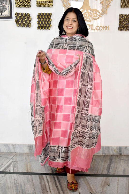 Beautiful Hand Block Printed Maheshwari Silk Cotton Unstitched suit fabric with madhubani art motifs