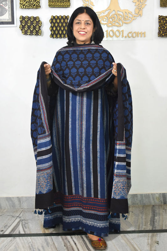 Block Print Ajrakh Cotton Suit with designer Ajrakh neck yoke /panel & Dupatta