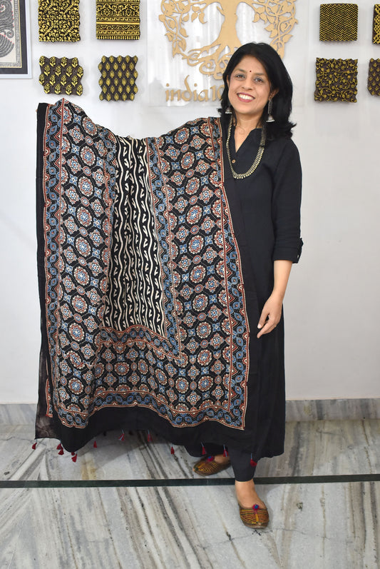 Designer Modal Silk Ajrakh Block Print Dupatta with tassels