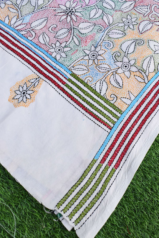 Very Intricate Hand embroidered Cotton Dupatta with Bengal Nakkshi Kantha work