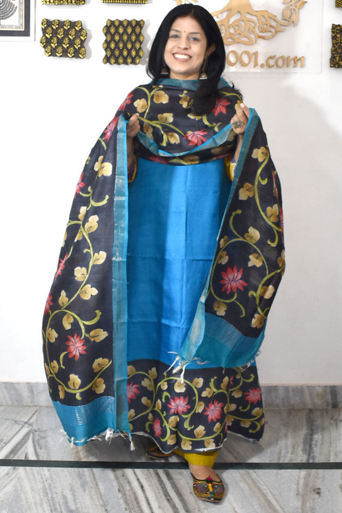 Beautiful Hand Block printed Tussar Silk Kurta Dupatta Set