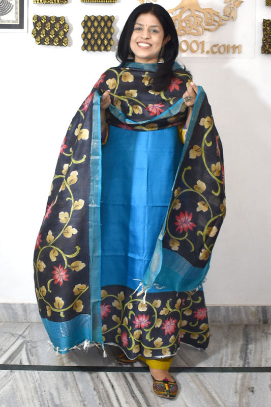 Beautiful Hand Block printed Tussar Silk Kurta Dupatta Set
