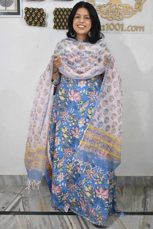 Beautiful Hand Block Printed Cotton unstitched suit fabric with Kota Doria Dupatta