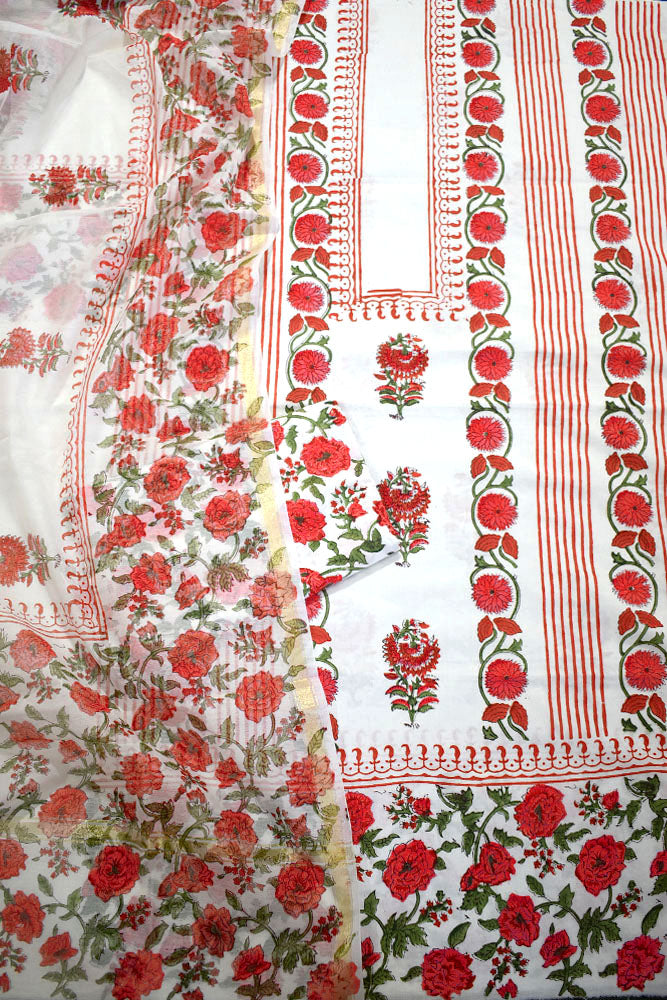 Designer Hand Block Print Cotton suit with Chanderi dupatta