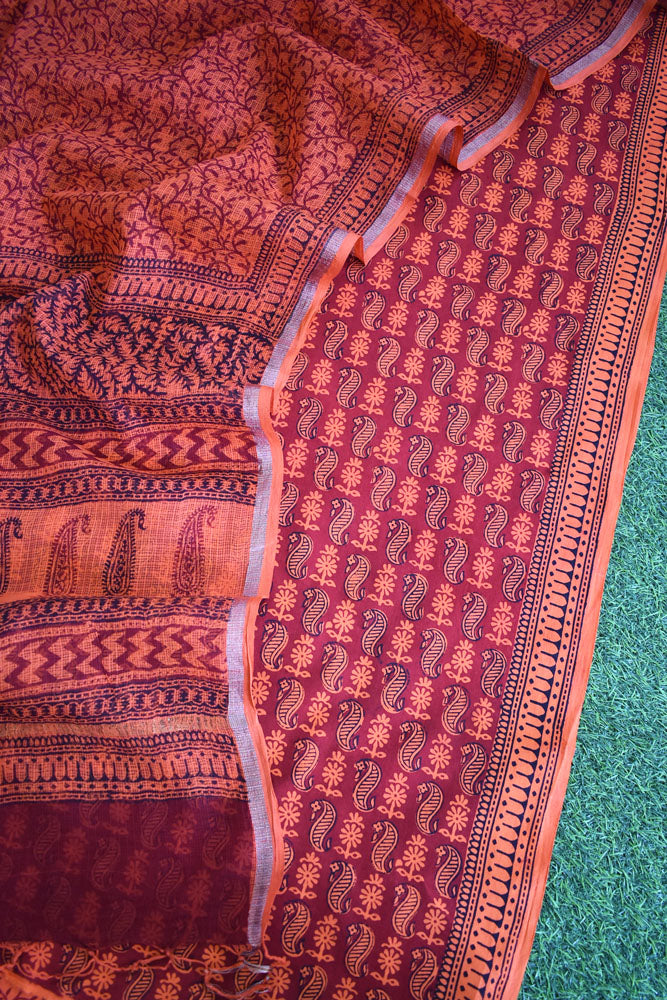 Classic Bagh Block Printed unstitched suit fabric with Kota Doria dupatta
