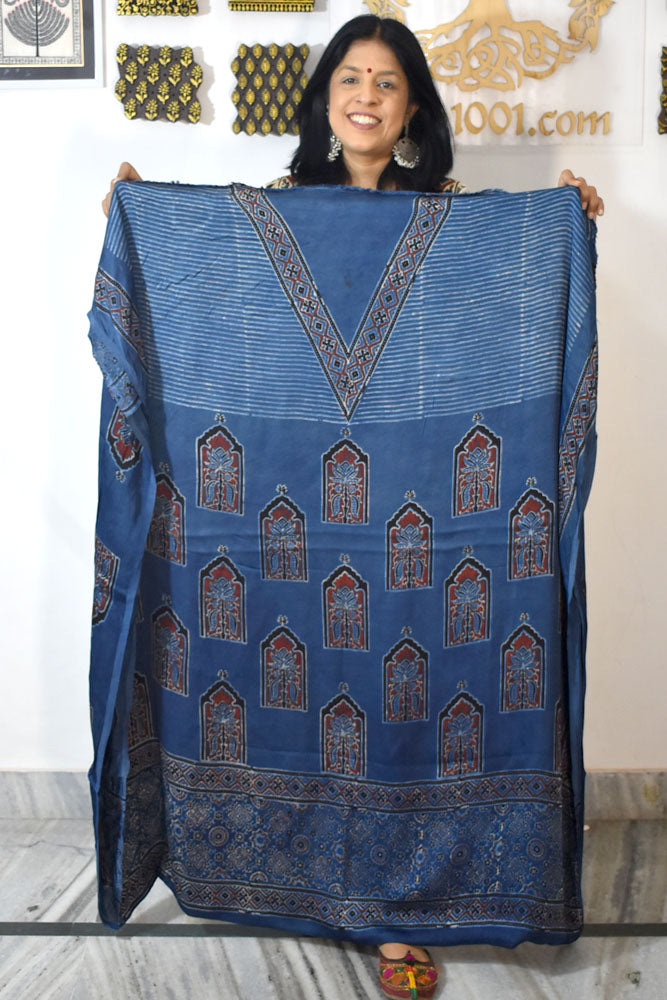 Designer Modal Silk Ajrakh Hand Block Print  Kurta Fabric - 2.5 mtrs cut