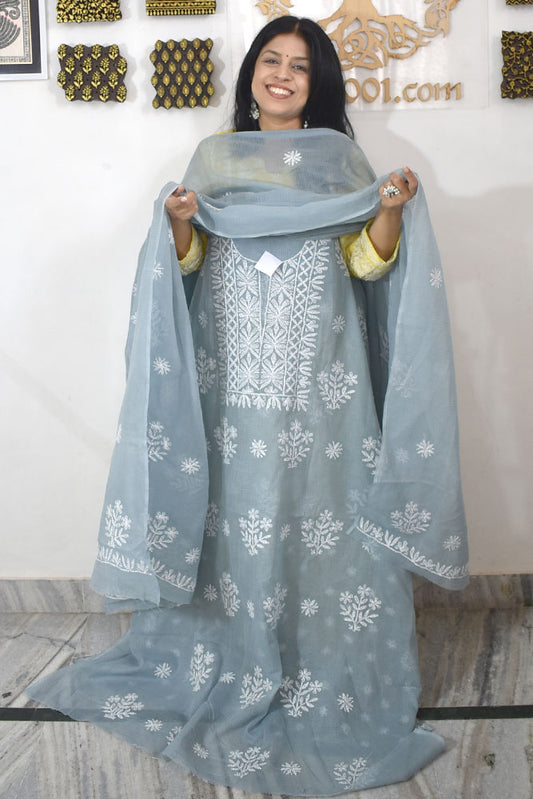 Elegant Kota Doria Kurta & Dupatta Set with Lucknowi Hand Tepchi Work embroidery NO - 9