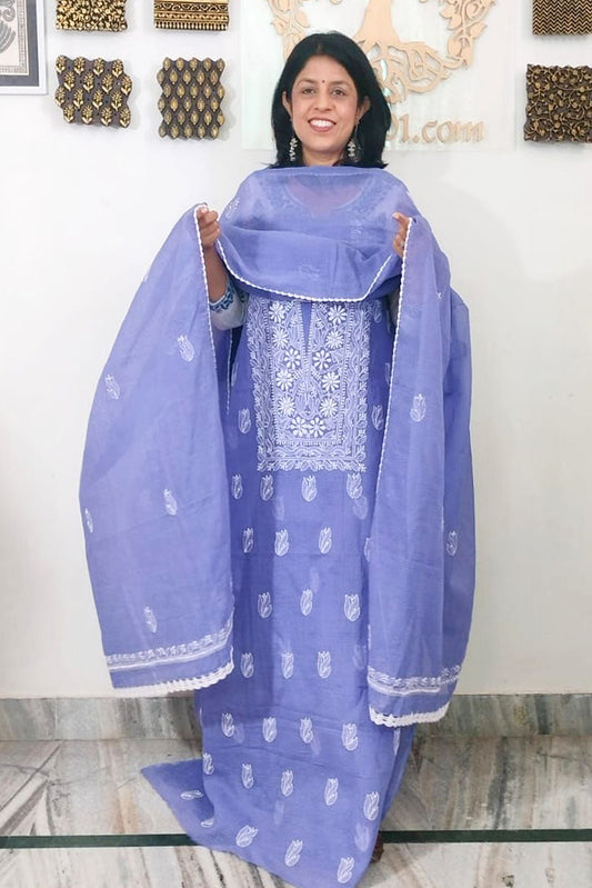 Elegant Kota Doria Kurta & Dupatta Set with Lucknowi Hand Chikankari embroidery