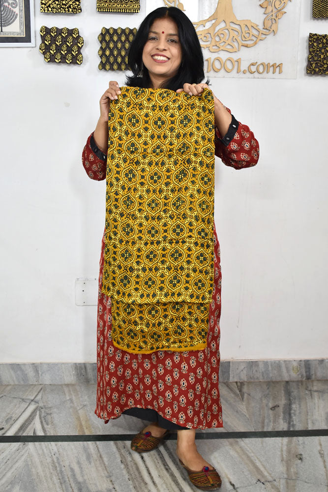 Beautiful Modal Silk Ajrakh Hand Block Print Fabric - 3 mtrs cut