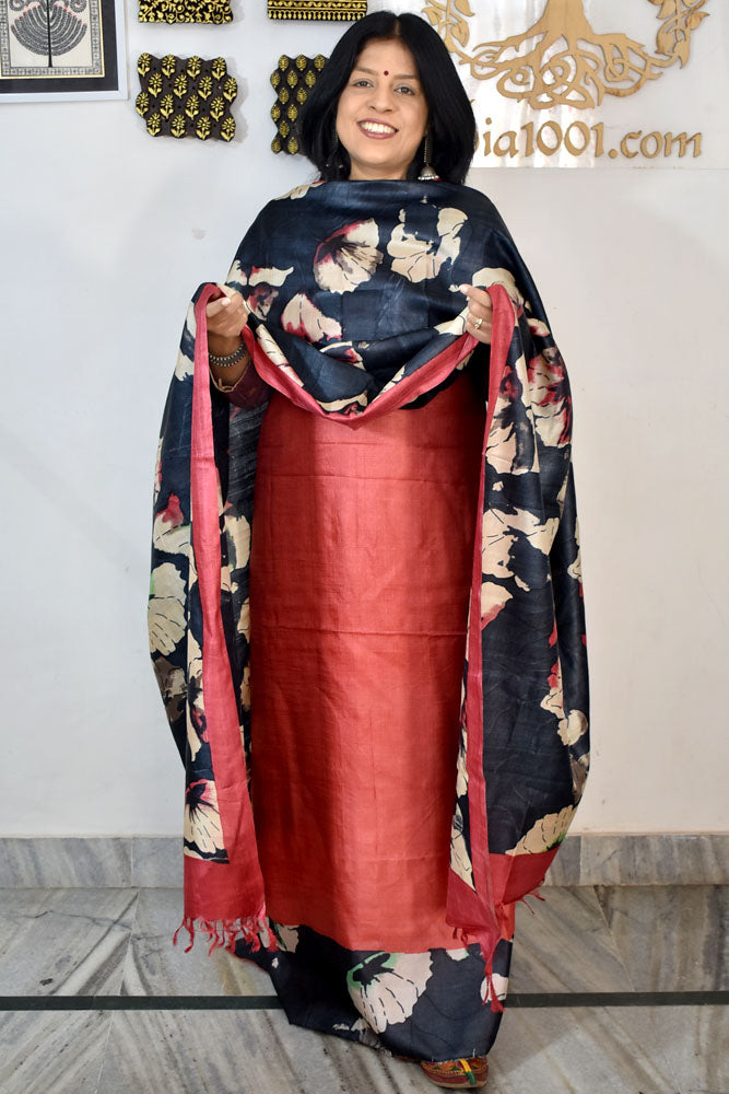 Beautiful Hand Block printed Tussar Silk Kurta Dupatta Set