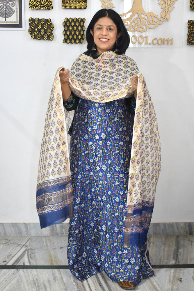 Elegant Sanganer Hand Block Printed Maheshwari Unstitched suit fabric