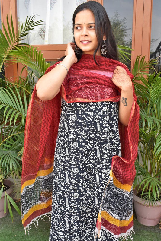 Beautiful Cotton unstitched suit fabric with Kota Doria Dupatta