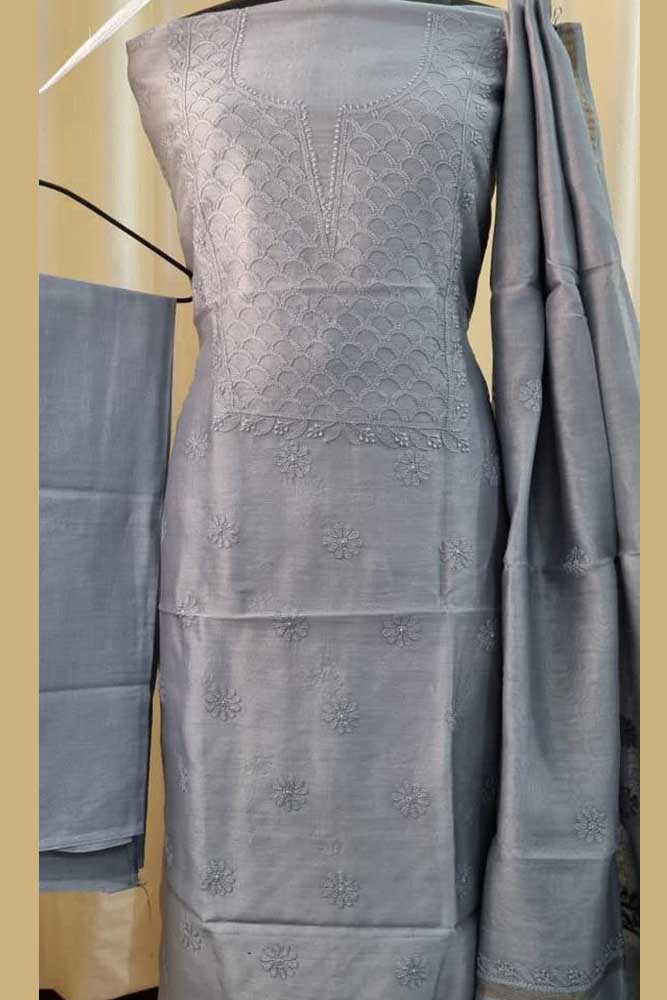 Elegant Chanderi silk Cotton Kurta & Dupatta with Chikankari Embroidery work & cotton bottom - 3 pc set
