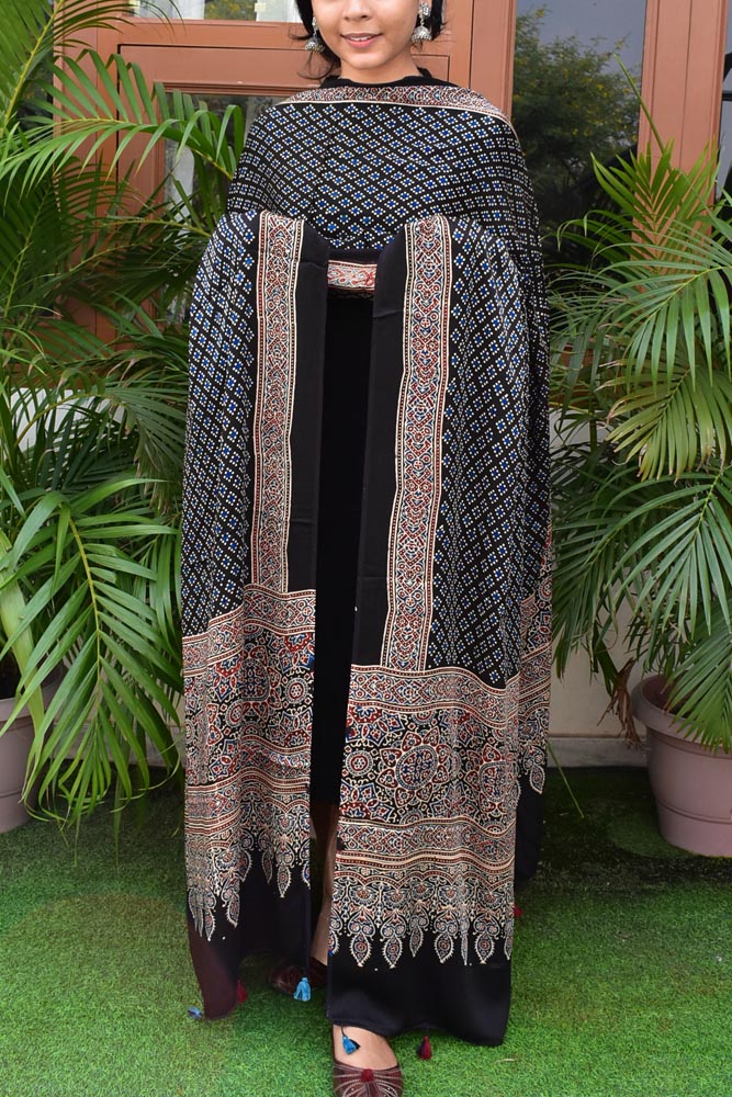 Elegant Modal Silk Ajrakh Block Print Dupatta with tassels