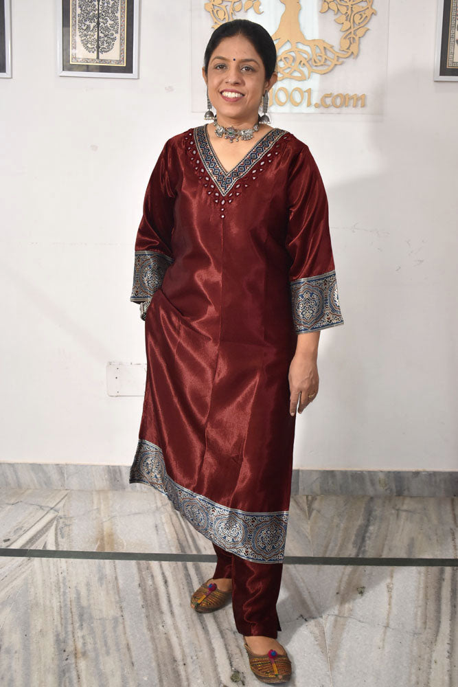 Beautiful Mashru Silk Kurta with Ajrakh patch Kutch & mirror work size with Mashru pant - 38 - 50