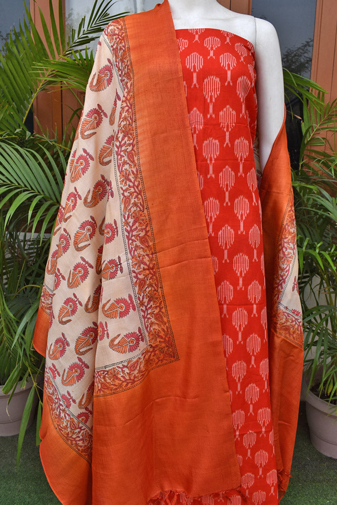 Elegant Hand Block Printed Tussar Silk dupatta with Mercerized Ikkat Kurta fabric
