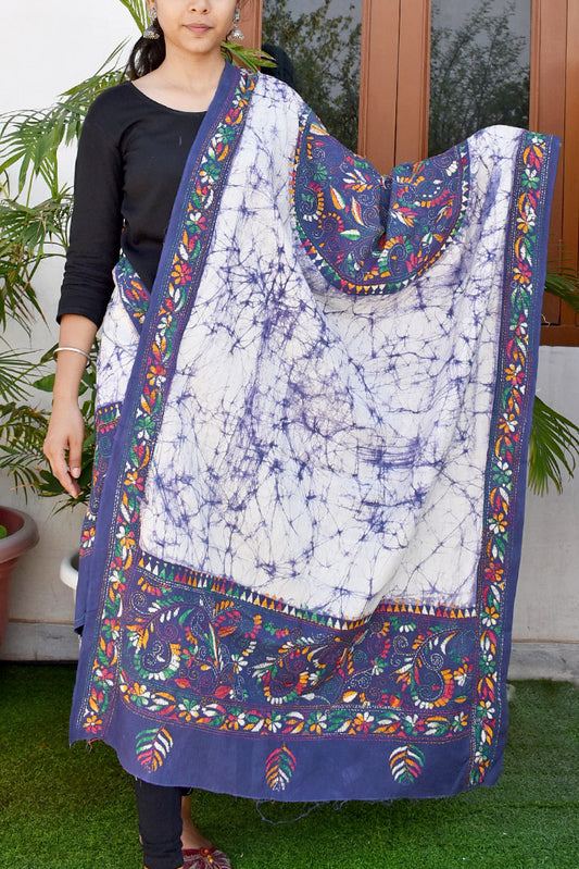 Handcrafted & Handembroidered Cotton Dupatta with Bengal Kantha & Batik work