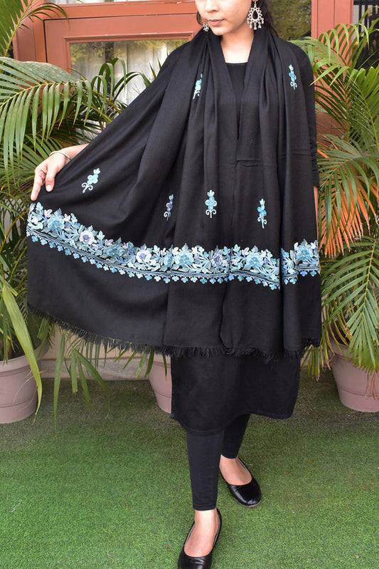 Elegant, Fine & Soft Semi Pashmina Woolen Stole with Aari work Embroidery