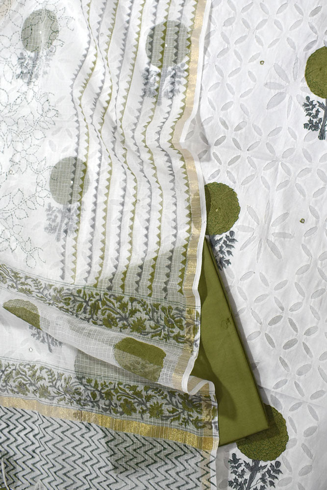 Beautiful Hand Block Printed Cotton Unstitched Suit Fabric with Applique & Kota  dupatta With Cotton bottom